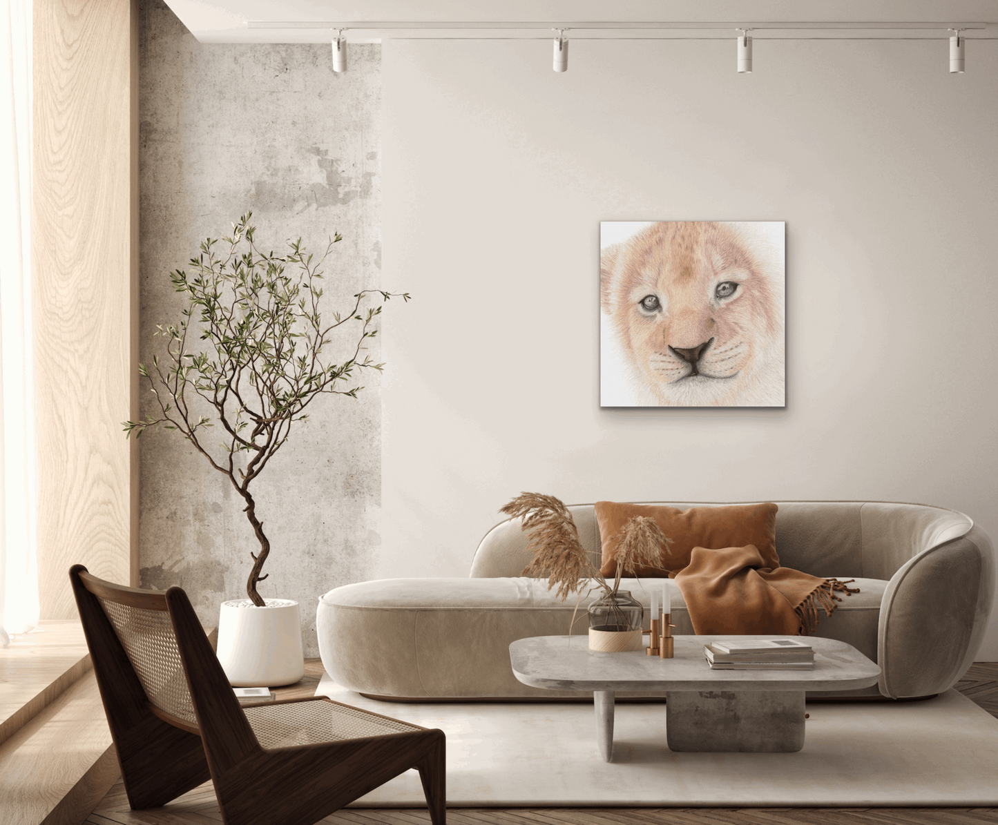 Lion cub canvas on living room wall